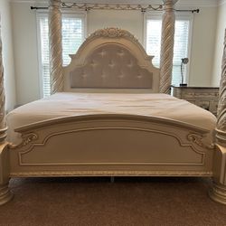 Ashley cassimore pearl silver king upholstered poster canopy bed deals