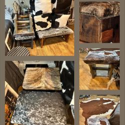 Texas Proud Cowhide Wood Stools (4 cowhide patterns available), 2 benches And Pouffs