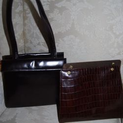 VTG GRETA GARBO Convertible BROWN BLACK CROCO EMBOSSED LEATHER BAG.