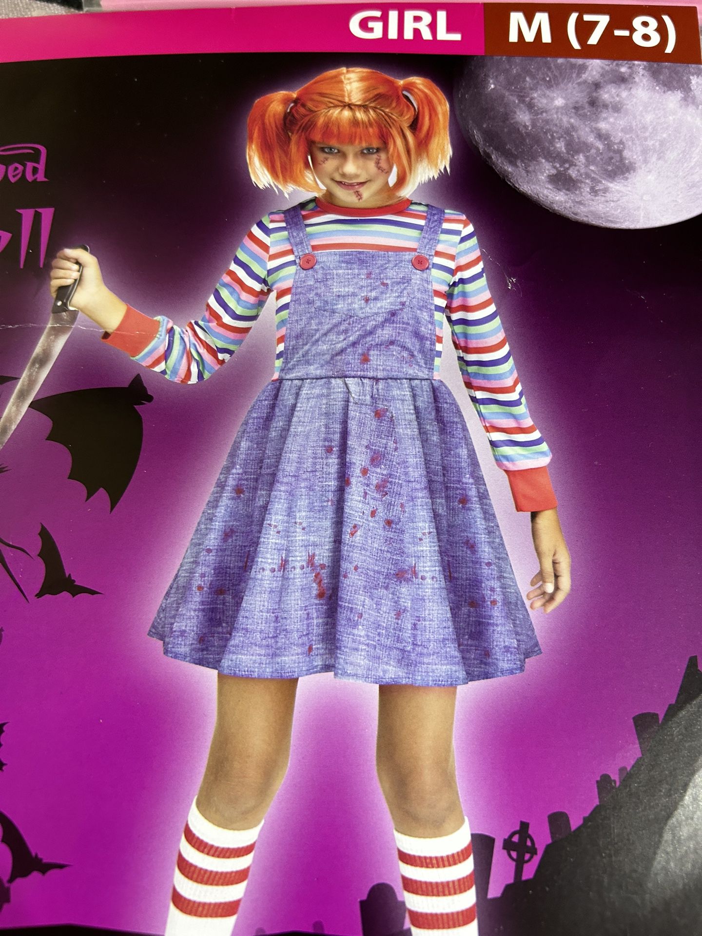 Striped Doll - 3 Pc Horror Costume Chucky Girls M  Size 7-8 (Halloween) New