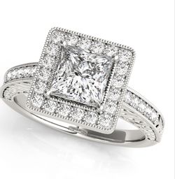 14K White Gold Halo Style Engagement Ring with 1 1/6 ct tw Princess Diamonds SI1-SI2 G-H. "Available in White, Yellow and Rose Gold".