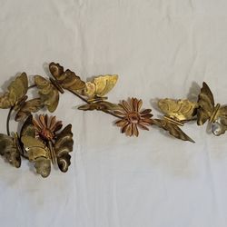 Vtg Handcarved Brass And Copper Wall Mount Decor Butterfly& Flowers 28"X14"