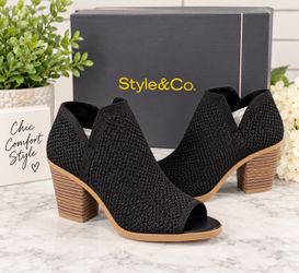 Style&Co Black Knit Peep-Toe Block Heel Booties