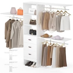 96 Inches Closet System, 8FT Walk In Closet Organizer with 3 Shelving Towers, Heavy Duty Clothes Rack with 3 Drawers, Built-In Garment Rack, 96" L x 1