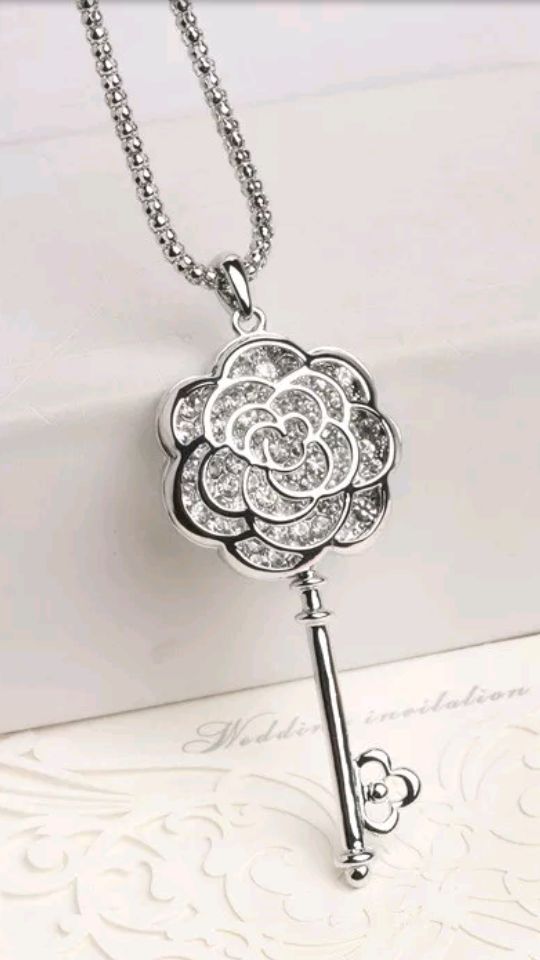 Betsey Johnson Crystal Rose Flower Key Necklace