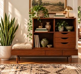 MCM Mid Century Modern American Martinsville Dania Credenza Bench Hutch Storage Wood Table Shelving