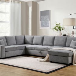 137"W Gray Chenille Sectional Sofa with Right-Facing Chaise, Underseat Storage, Throw Pillows