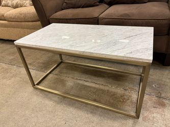 Petite Modern Rectangular Coffee Table with Open Brass Frame and Cultured Marble Top