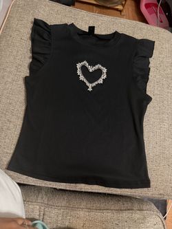 Black Ribbed Top with Rhinestone Heart