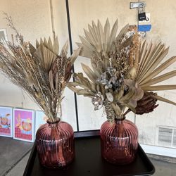 Dried Palm Leaf Arrangements in Pink Glass Vases