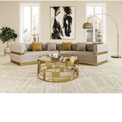Sofa AND Table- Gold Fabric Curved Sectional Sofa With Clear Glass And Gold Glass Coffee Table 