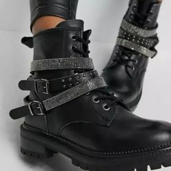 Steve Madden Captain Rhinestone Lug Sole Leather Combat Boot