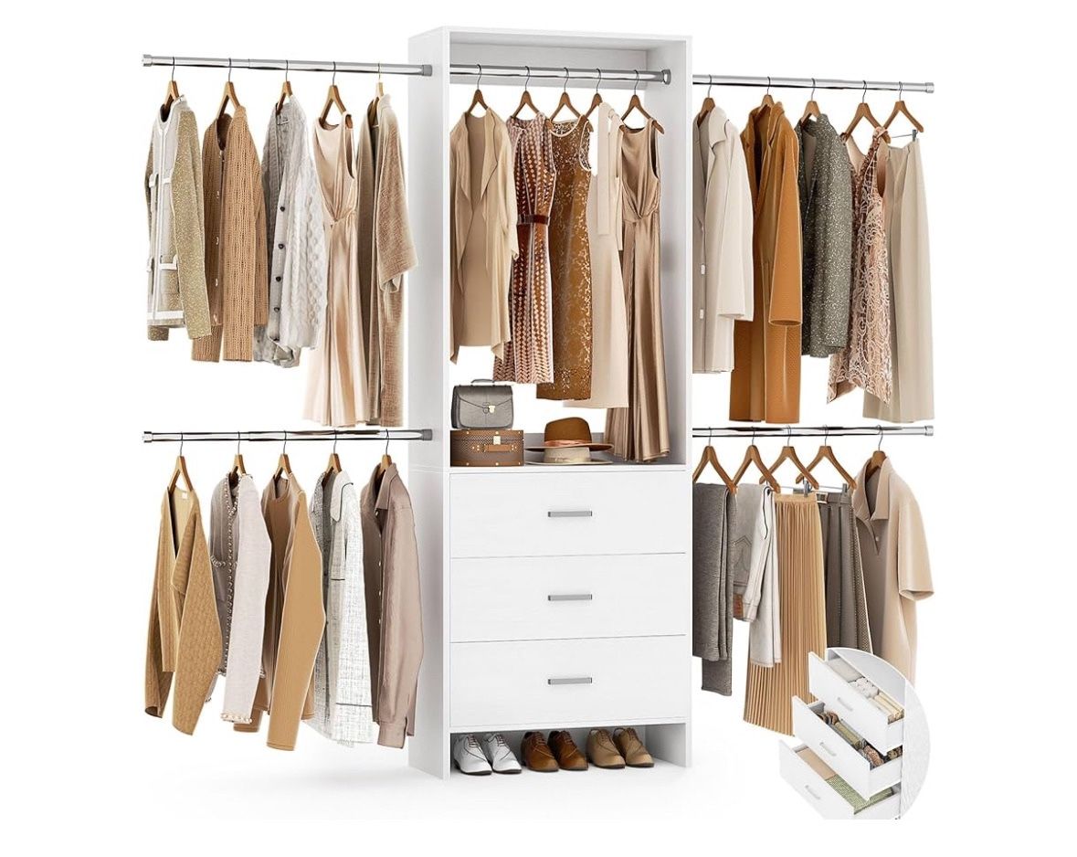 Closet System With 3 Wooden Drawers, Walk-in Wardrobe Organizer, Clothes Rack With 4 Hanging Rods, Garment Rack