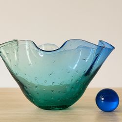 Studio Art 2000s Glass Bowl Green Blue Ruffled Bubbles Signed “m.p.”, 9 x 5.5 in