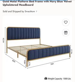 Gold Metal Platform Bed Frame with Navy Blue Velvet Upholstered Headboard