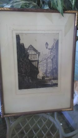 Original etching by Russell s Reeve Joan of arc's house Rue Street Romain Rouen
