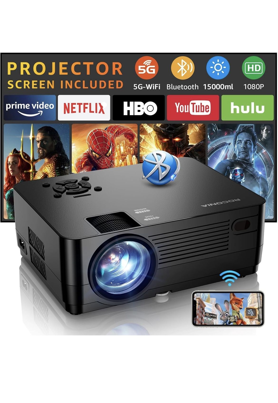 Projector ROCONIA 5G WiFi Bluetooth 4K