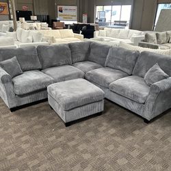 Gray Corduroy Sectional W/ Ottoman 