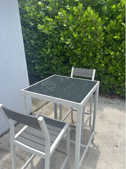 Outdoor Patio Tempered Frosted Glass Aluminum Bar Table with 2 Outdoor Patio Aluminum Bar Chairs