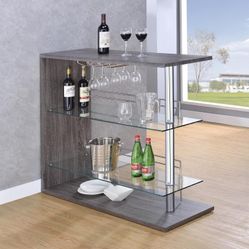 Grey Rectangular Bar Table with 2 Shelves and Wine Holder