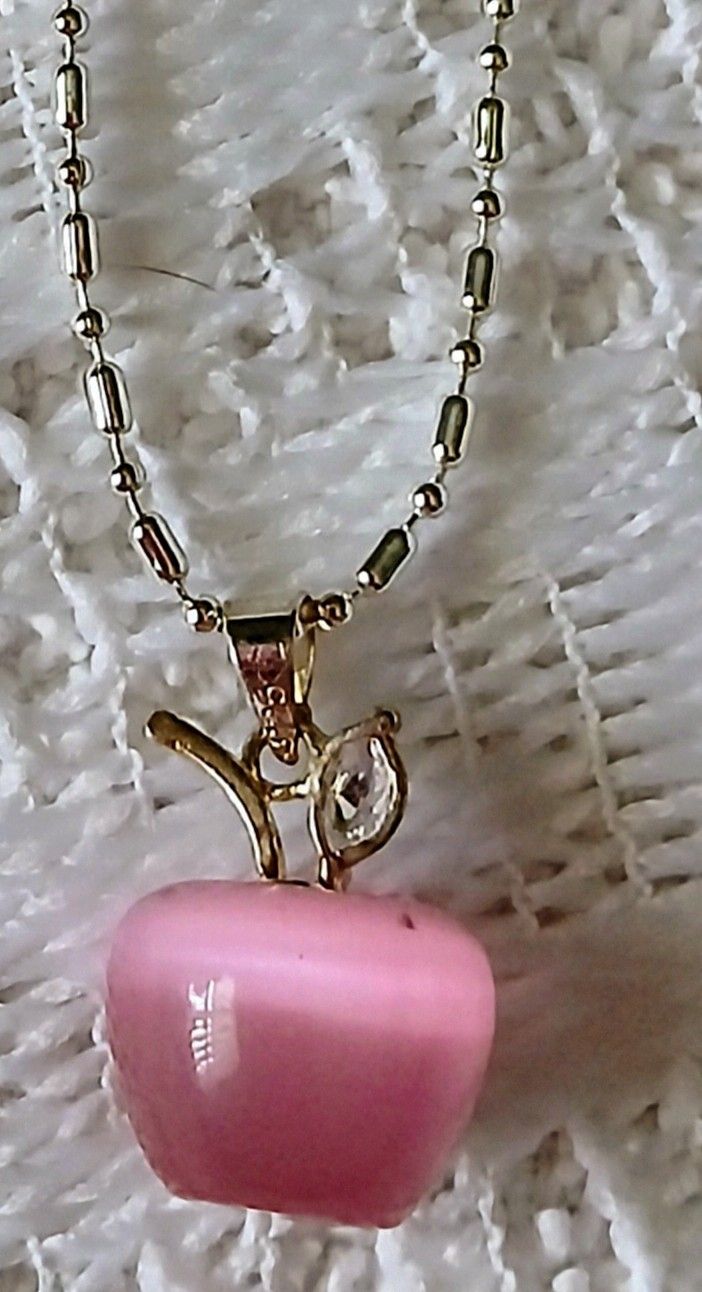 New .925 Silver Pink Abolone Shell Apple Charm Necklace