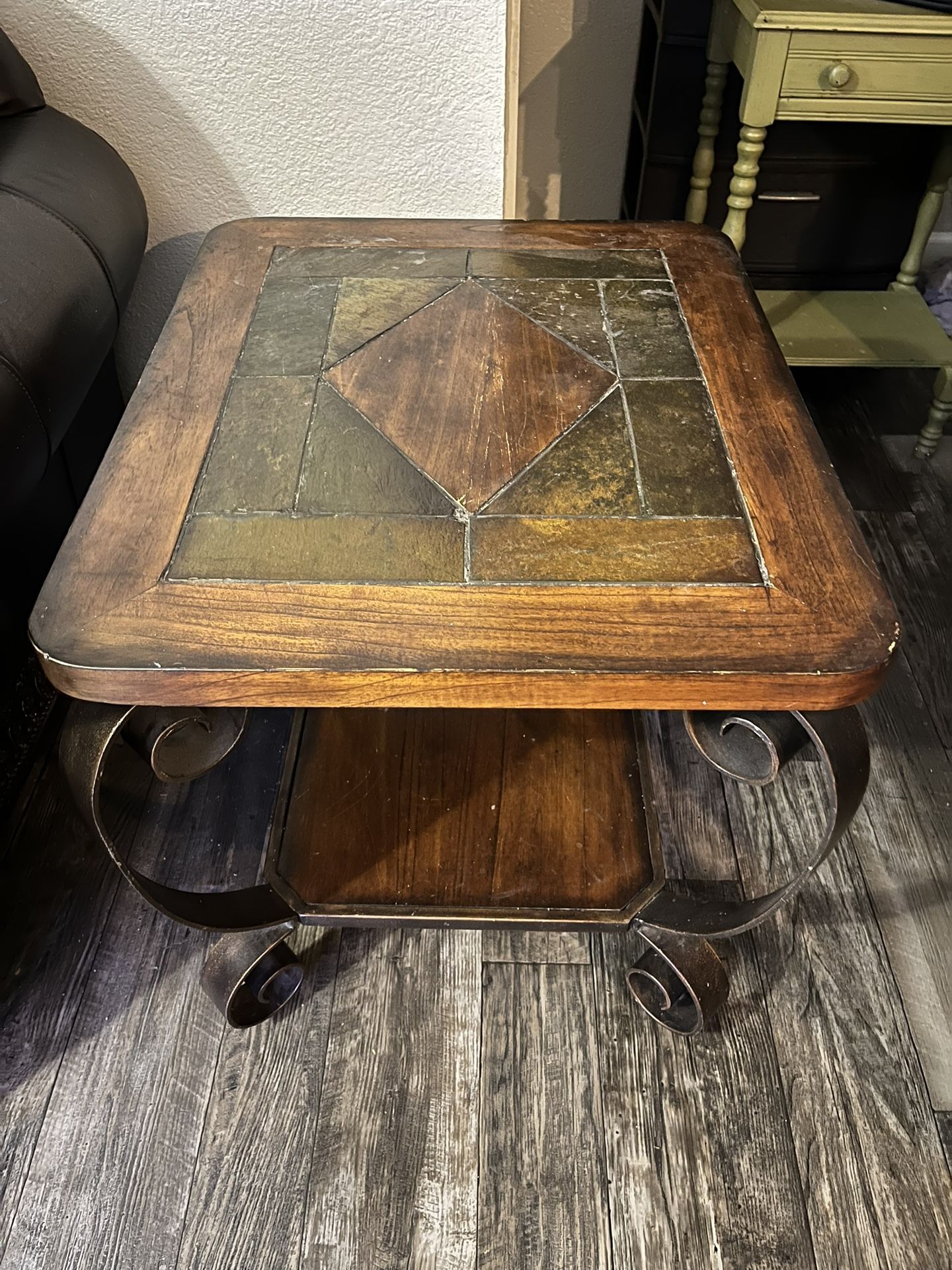 Stone Top Wood & Wrought Iron End Table