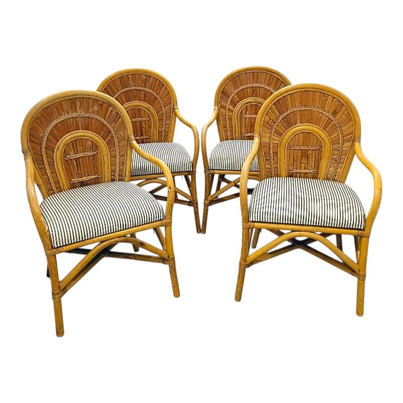 Rattan Chair Set 4 w/ Cushions Blue White Striped Vintage Chairs Bamboo Wicker Boho 