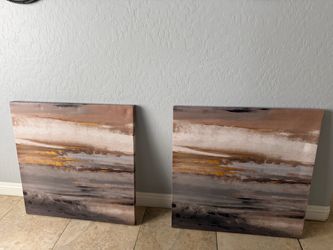 Set of 2 Large Neutral Abstract Canvas Wall Art – 32” x 32” Each