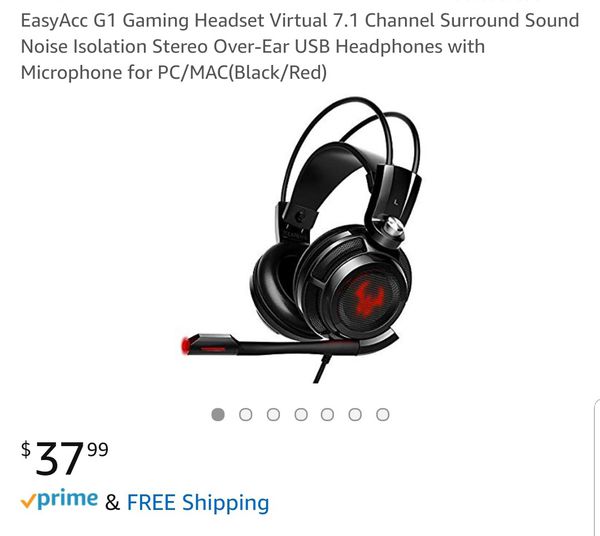 Black/Red EasyAcc G1 Gaming Headset Virtual 7.1 Channel Surround Sound Noise Isolation Stereo Over-Ear USB Headphones with Microphone for PC/MAC