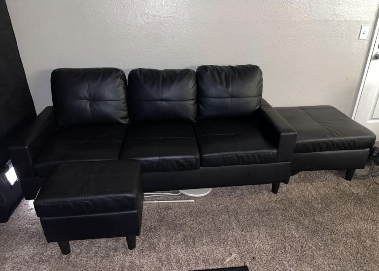 Faux Leather Couch And 2 Ottomans