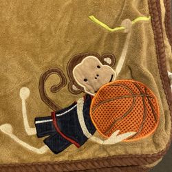 Lambs & Ivy Basketball Monkey Tan Brown Plush Rope Edge Baby Boy Blanket EUC
