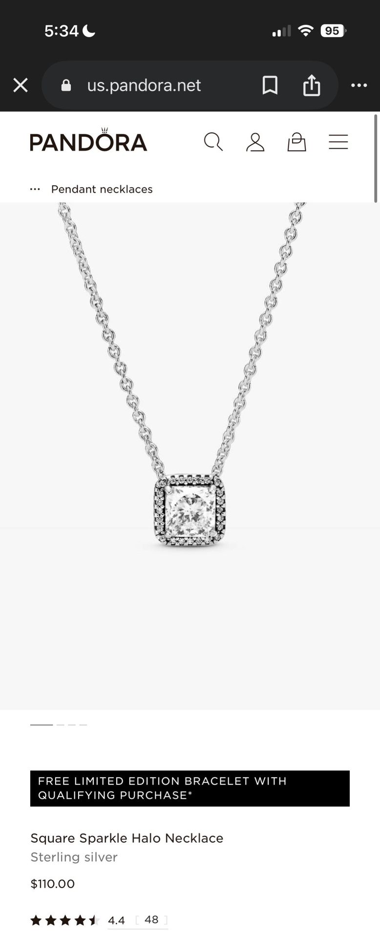 Pandora square sparkle halo necklace 925 sterling silver
