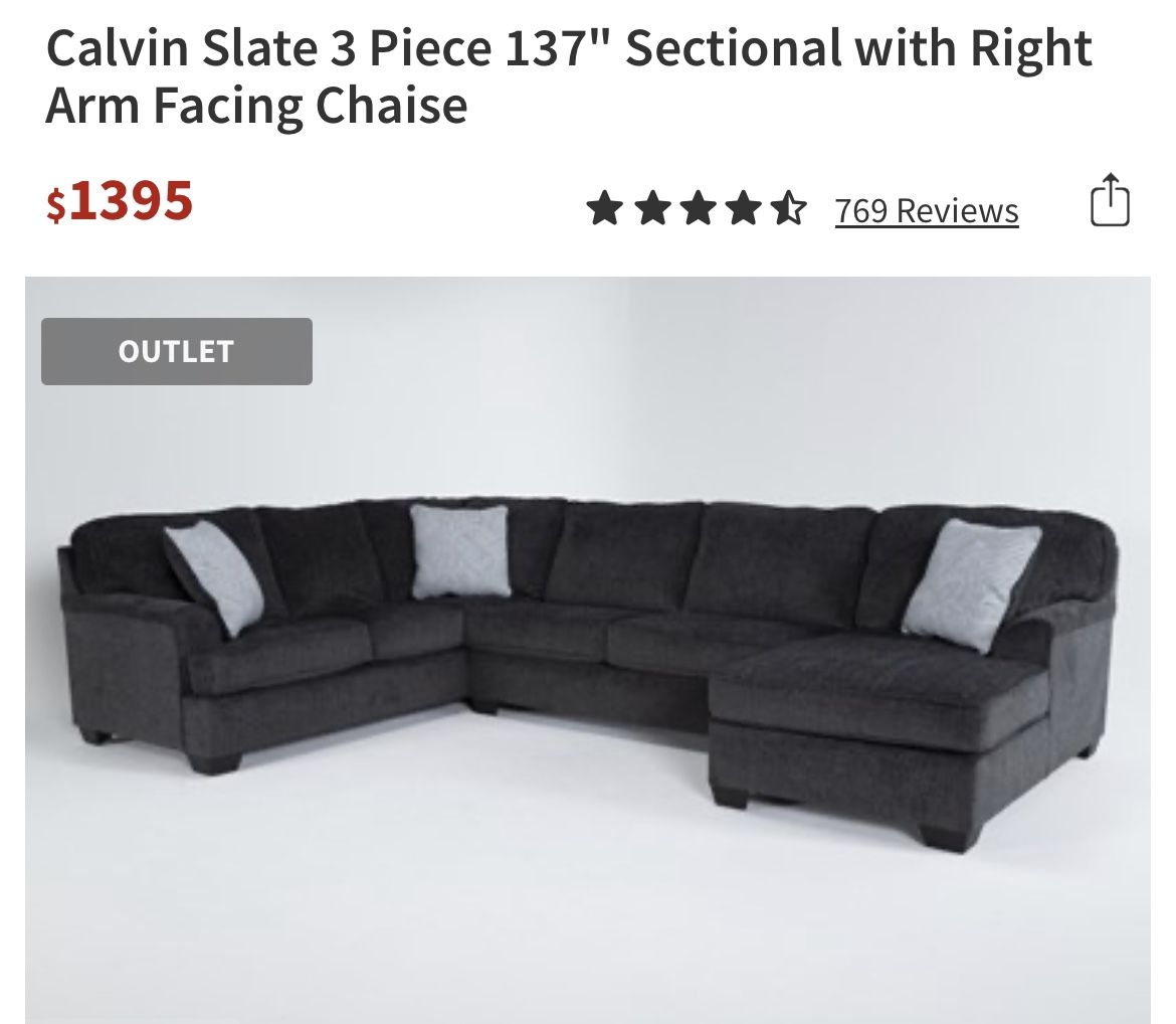 Calvin slate 3 piece sectional with left arm facing chaise outlet