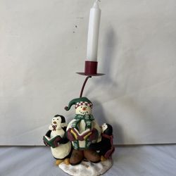 Vintage Mervyn’s 1999 Christmas Candle Holder Featuring a Cute Snowman and 2 Penguins Reading Books 