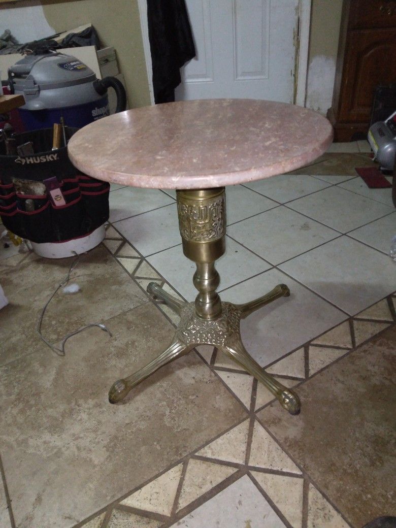 Vintage Antique Mid-century Solid Brass Clawfoot Base With Round Marble Table Top