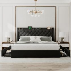 King Bed Frame with 4 Storage Drawers, Upholstered Platform Bed Frame with Type-C & USB Ports, Wingback Storage Headboard,Black