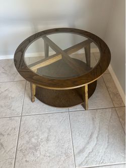 Dark Oak Round Glass Coffee Table with Lower Shelf