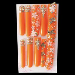 Neon Orange 3D Floral & Butterfly Rhinestone Extra Long Press-On Nail Set