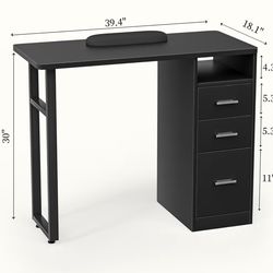 Professional Black Nail Salon Desk with Drawers for Nail Tech- Acetone Resistant Manicure Table, Adjustable Height Beauty Station with Wrist Rest for 