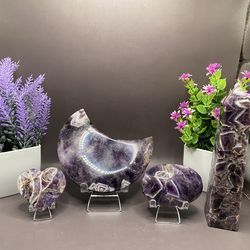 Natural Dream Amethyst Carvings moon 341 g 5.1 inches, tower 343 g 7 inches, palm stone 168 g 2.9 inches, heart 74 g 2 inches