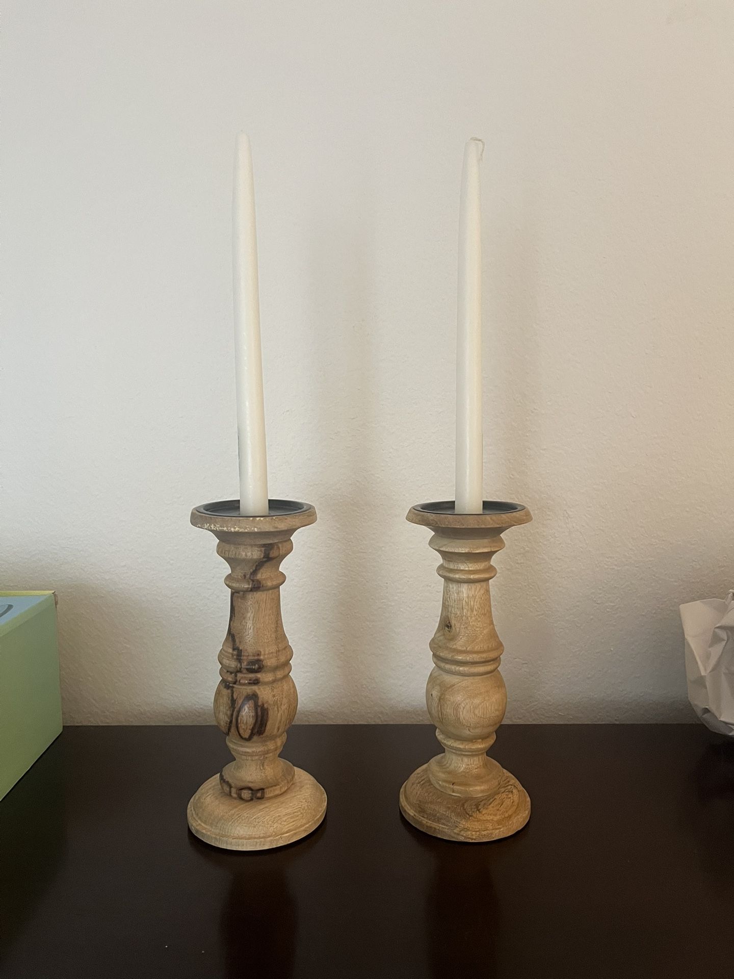Natural Wood Set Of 2 Candlestick Holders. 10”.