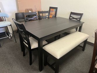 Dark Wood Dining Table Set with Chairs and Bench
