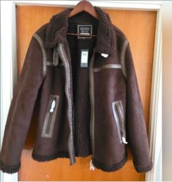 Men's guess jacket large Brown vegan suede

leather Sherpa