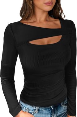ANRABESS Black Ribbed Cutout Long Sleeve Top NWT L