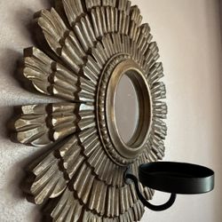 Carved Wood Sun / Flower Wall Sconce with Mirror + Candle Holder