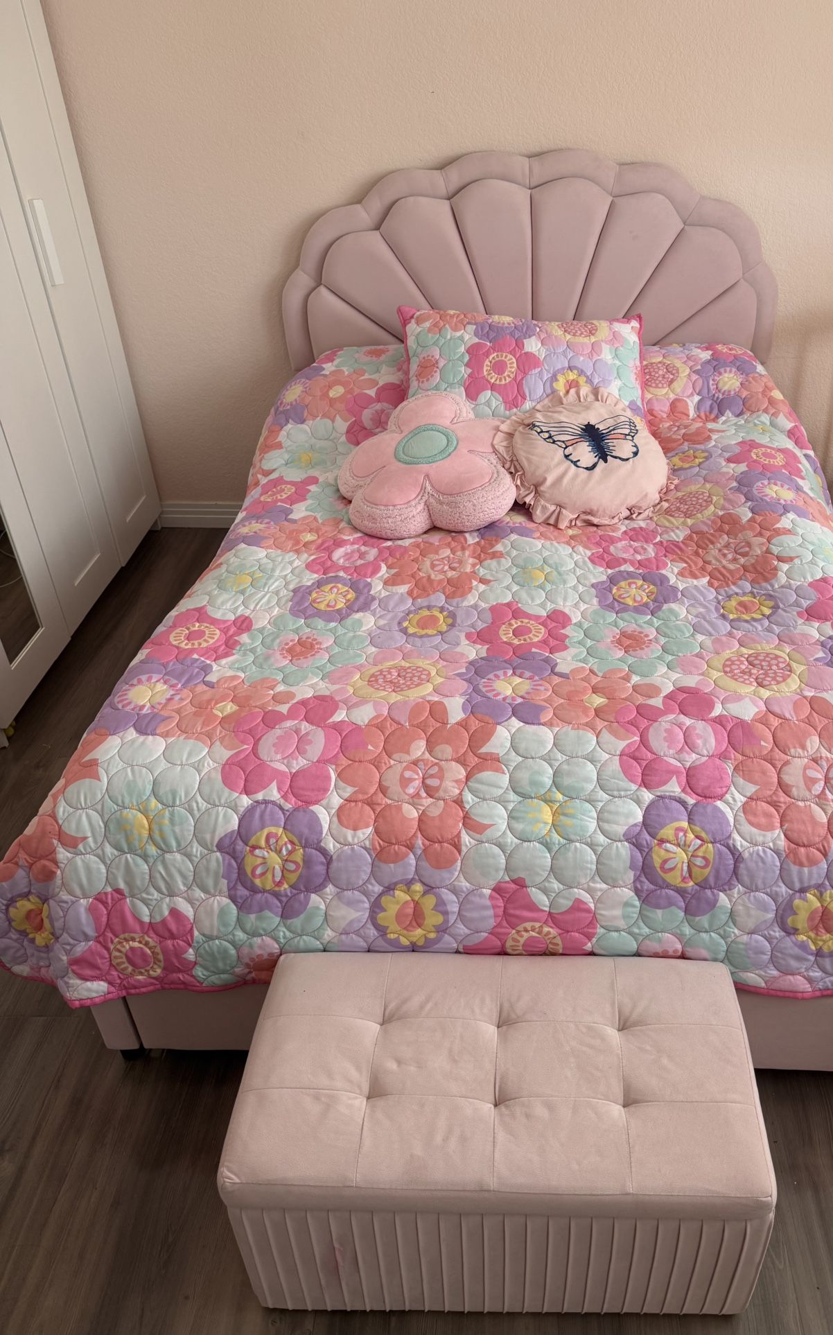 Upholstered LED bed with storage drawers & adjustable headboard