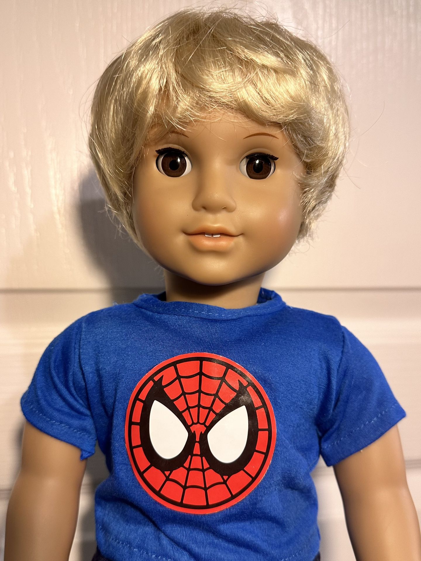 Custom-Made American Girl Doll Boy Blonde Hair Brown Eyes Outfit Spider-Man Gift
