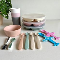 Mushie Silicone Baby Feeding Set + Suction Plates WeeSprout Cups Spoons Toddler BLW Bundle