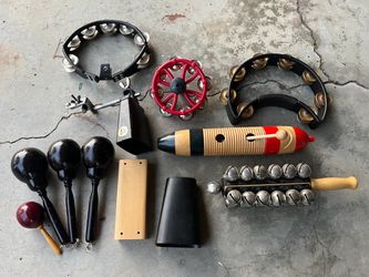 Drum & percussion accessories Latin Lp blocks, guiro,  cowbells, tambourines, maracas etc.  cymbal, sleigh bells,