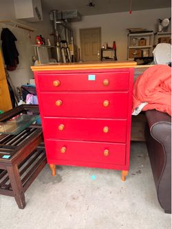 Solid Wood 4-Drawer Dresser / Chest – Red with Natural Wood Top